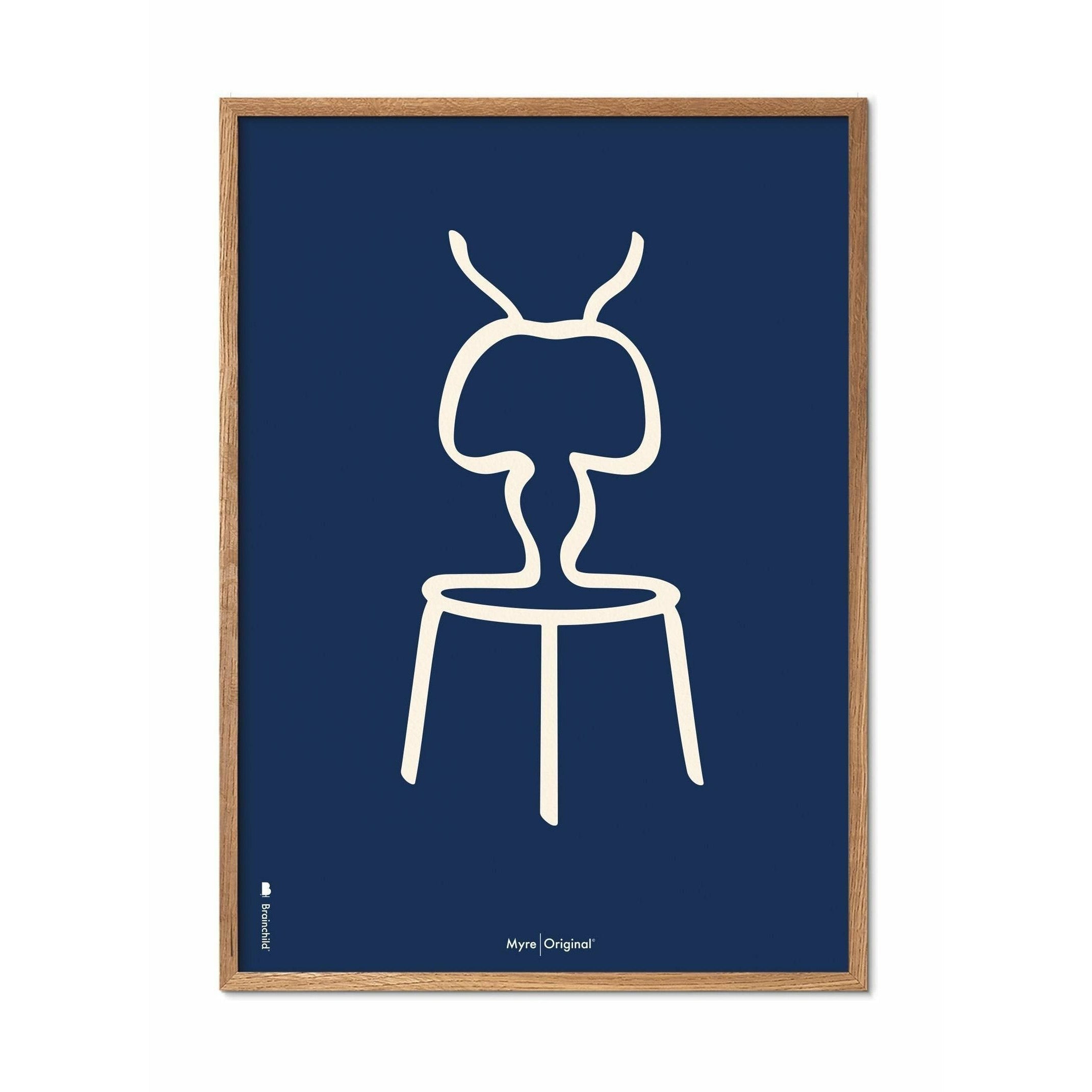 Brainchild Ant Line Poster, Light Wood Frame A5, Blue Background