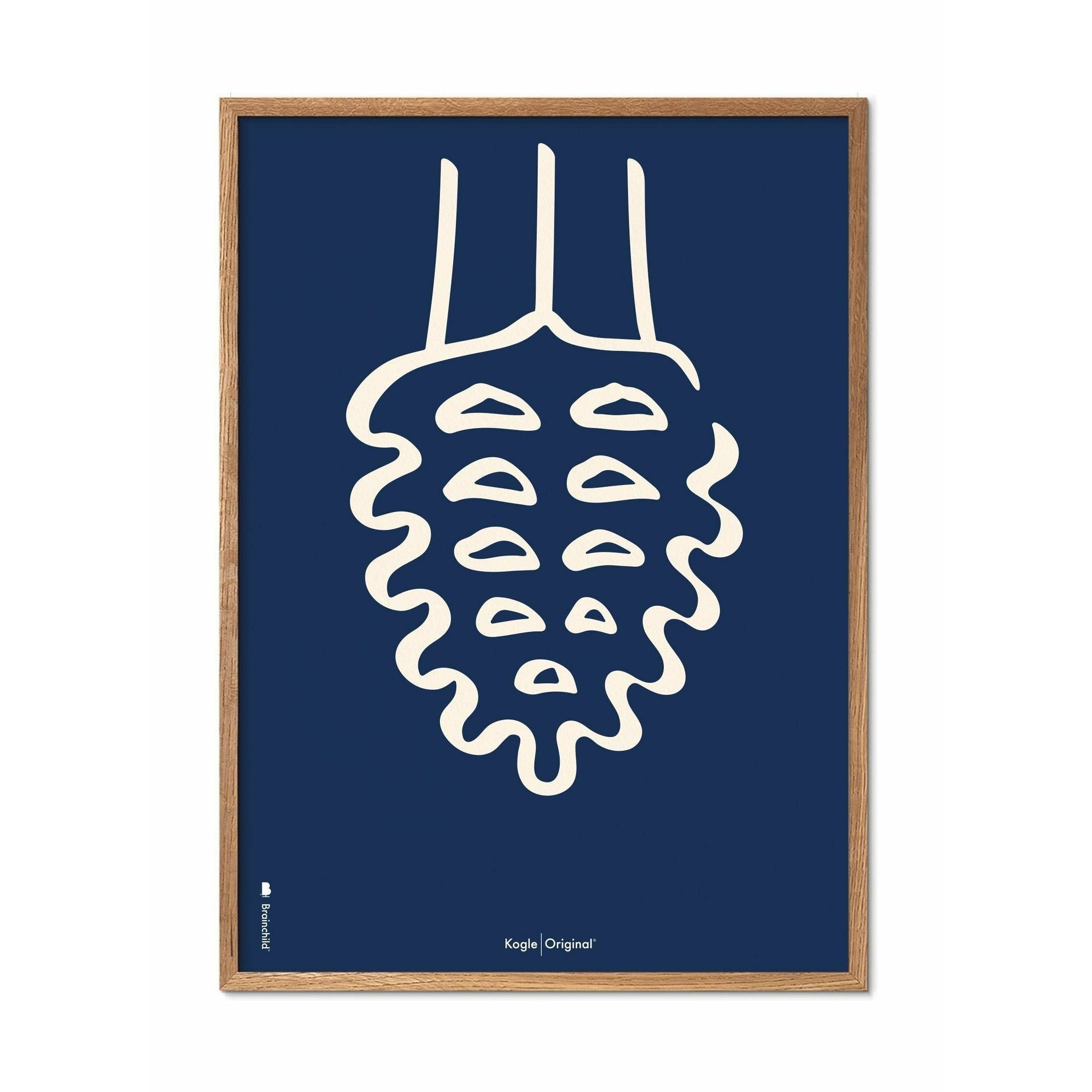 Brainchild Pine Cone Line Poster, Frame Made Of Light Wood A5, Blue Background
