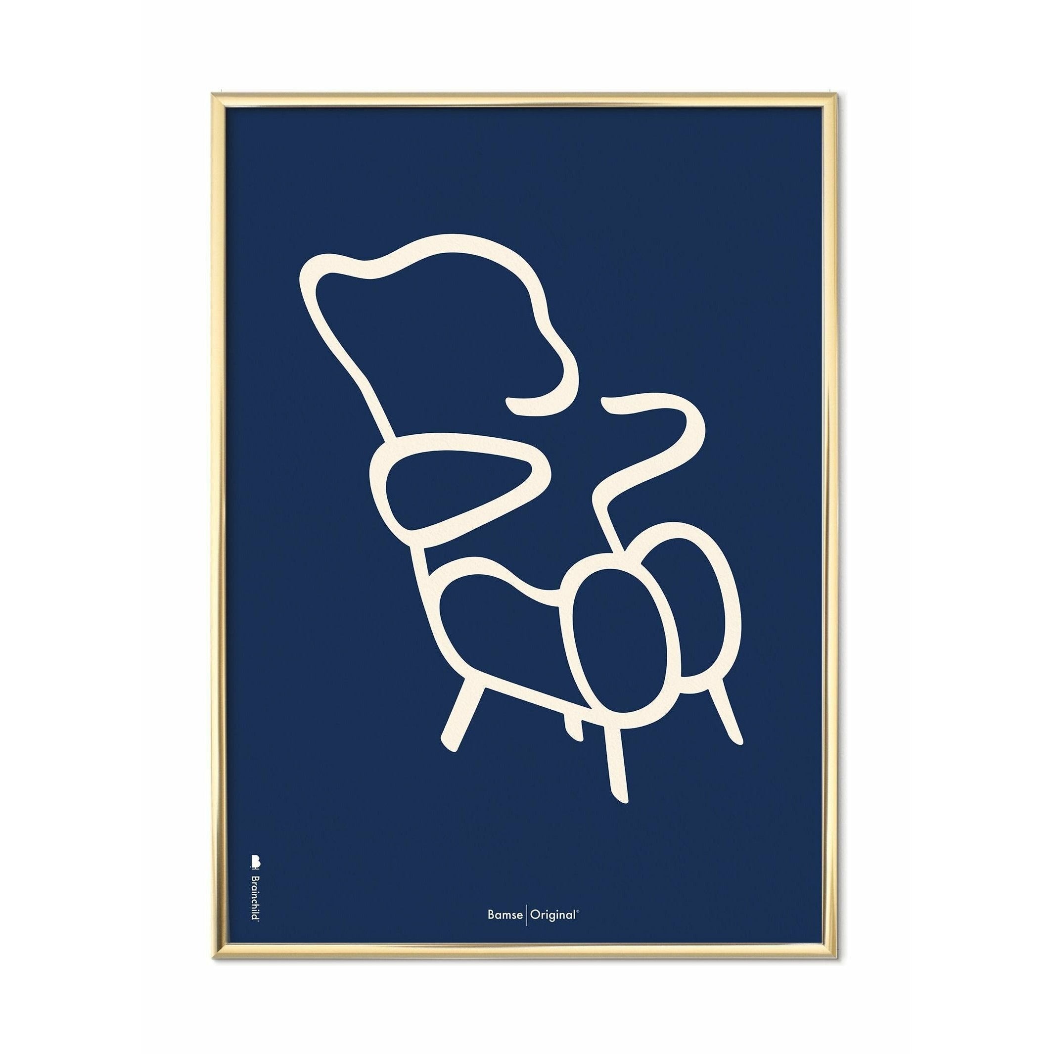 Brainchild Teddy Bear Line Poster, Brass Colored Frame A5, Blue Background